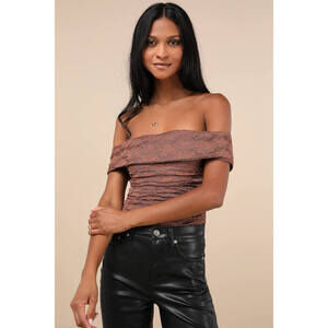 Lulus Sultry Whimsy Brown Lace Off-the-shoulder Bodysuit - Size S